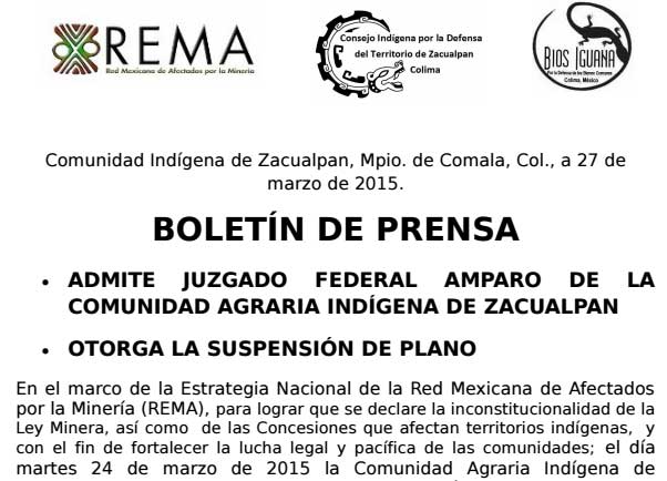 Boletín de Prensa.- Admite Juzgado Federal Amparo vs concesiones mineras en Zacualpan