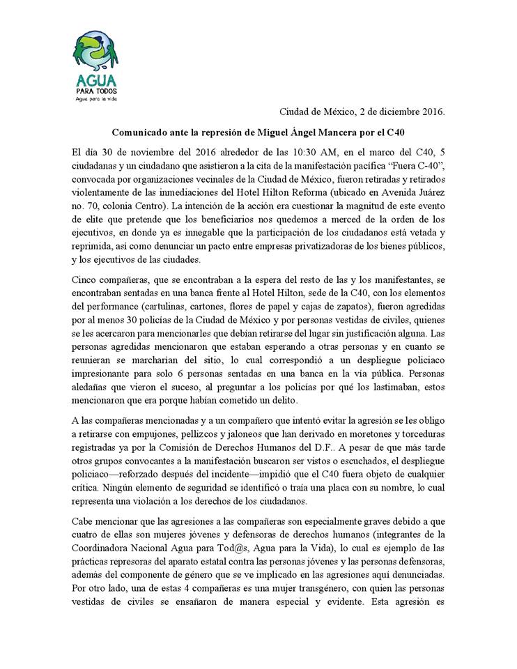 Comunicado ante la represión de Miguel Ángel Mancera por el C40