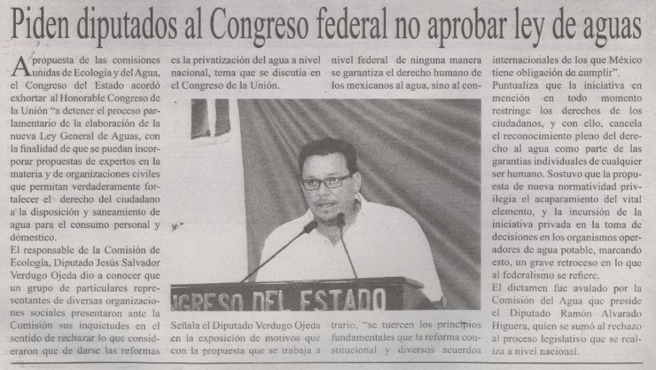 Piden diputados al congreso federal no aprobar ley de aguas. El Peninsular. 19-06-15