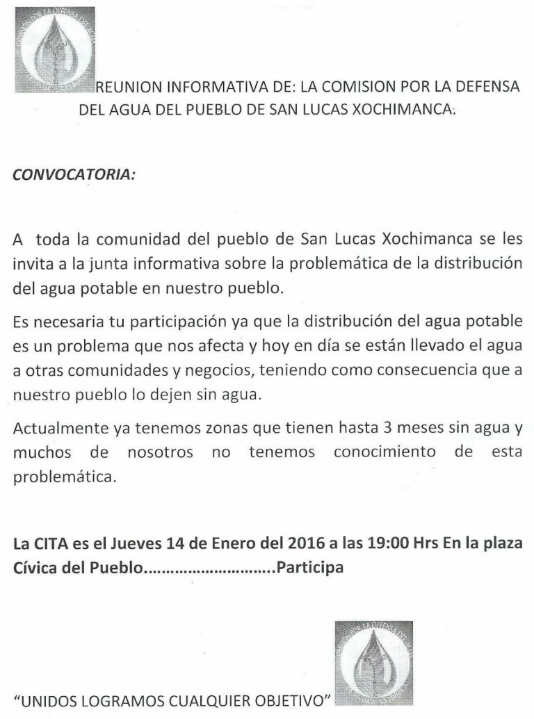 Reunion Informativa de: La comisión por la defensa del agua del pueblo de San Lucas Xochimanca