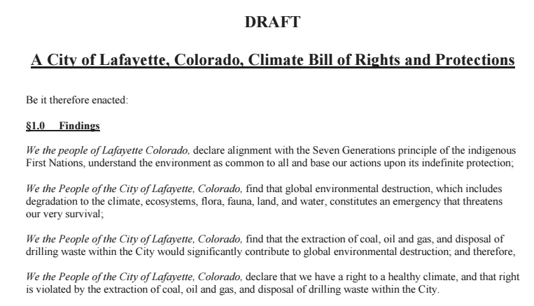 A City of Lafayette, Colorado, Climate Bill of Rights and Protections