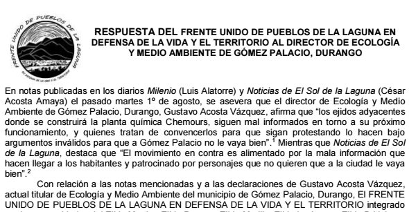 Respuesta del Frente Unido de Pueblos de La Laguna al director de Ecología y Medio Ambiente de Gómez Palacio, Durango