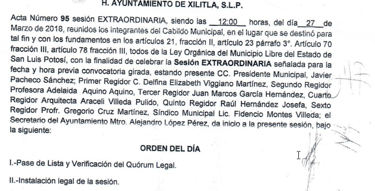Acta de Cabildo Xilitla prohibiendo actividades de fracking, presas, privatización del agua