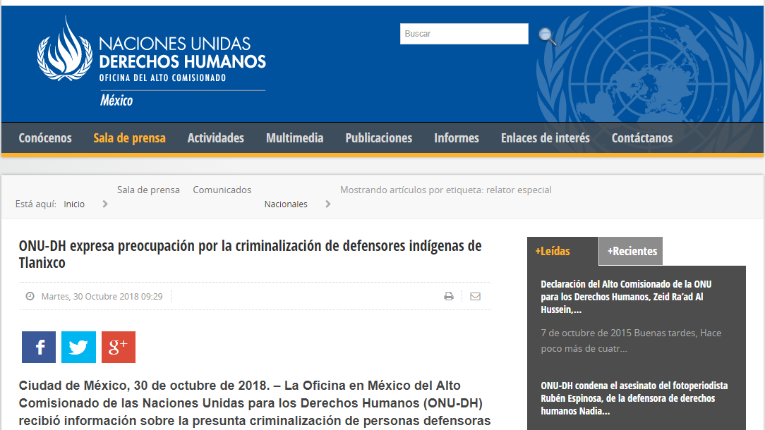 ONU-DH expresa preocupación por la criminalización de defensores indígenas de Tlanixco