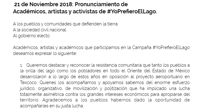 21 de Noviembre 2018: Pronunciamiento de Académicos, artistas y activistas de #YoPrefieroElLago.