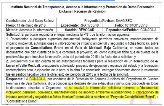 En mayo de 2018 CONAGUA confirmó que Constellation construía sin permisos
