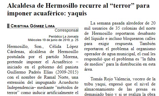 Alcaldesa de Hermosillo recurre al terror para imponer acuaférico: yaquis