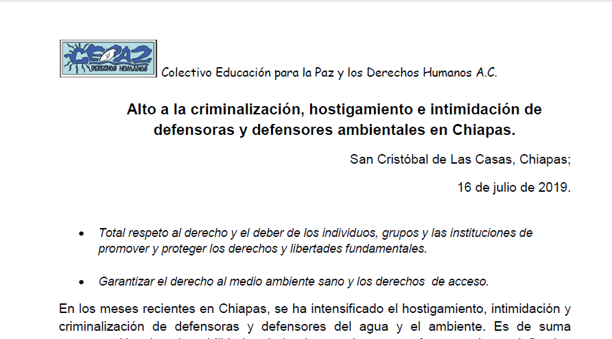 Alto a la criminalización, hostigamiento e intimidación de defensoras y defensores ambientales en Chiapas.