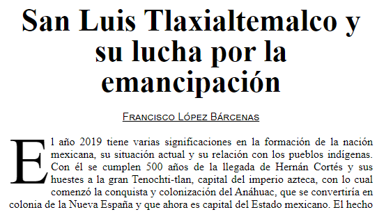 La Jornada: San Luis Tlaxialtemalco y su lucha por la emancipación