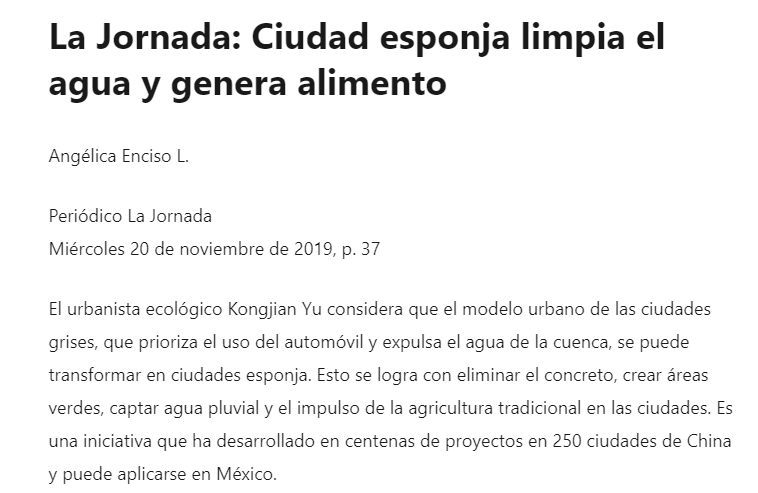 La Jornada: Ciudad esponja limpia el agua y genera alimento