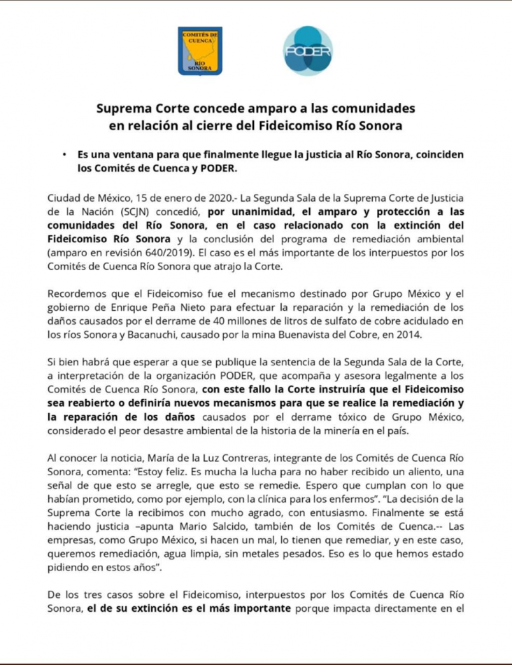 Suprema corte concede amparo a las comunidades en relación al cierre de fideicomiso Río Sonora