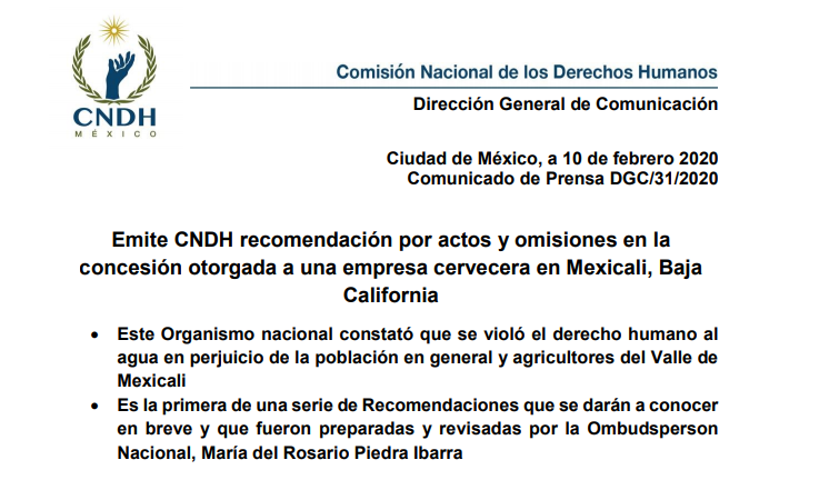 Emite CNDH recomendación por actos y omisiones en la concesión otorgada a una empresa cervecera en Mexicali, Baja California