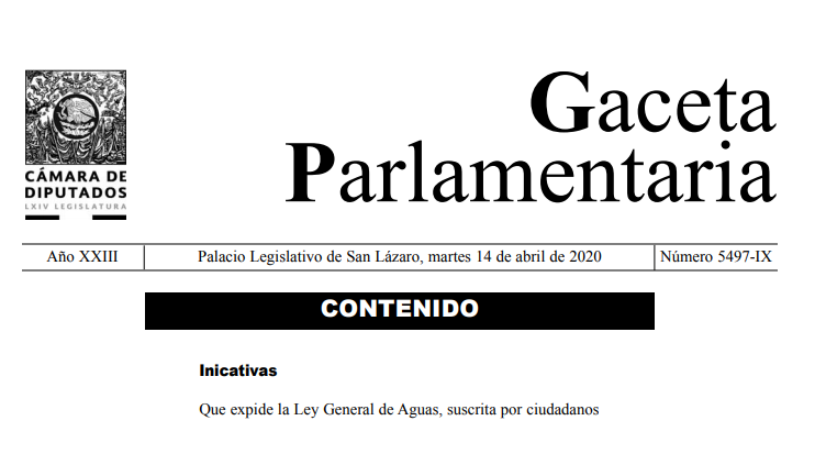 Iniciativa: Ley General de Aguas, suscrita por ciudadanos en la Gaceta Parlamentaria