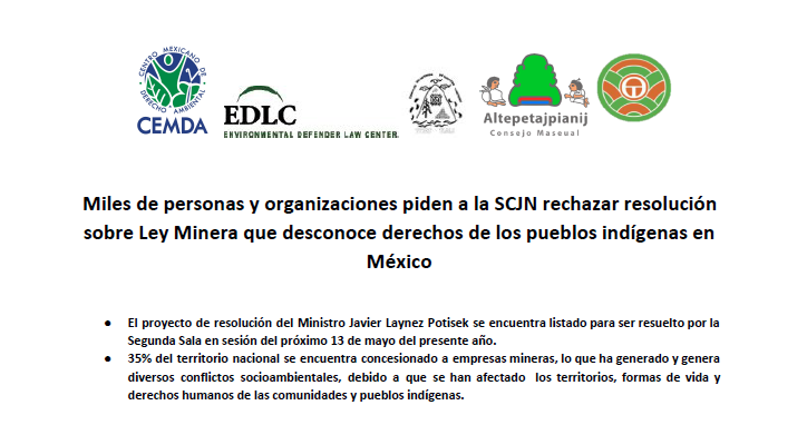 Miles de personas y organizaciones piden a la SCJN rechazar resolución sobre Ley Minera que desconoce derechos de los pueblos indígenas en México