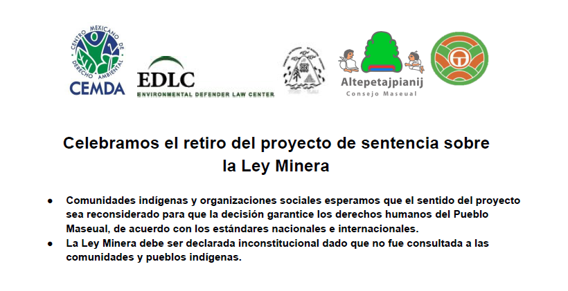Celebramos el retiro del proyecto de sentencia sobre la Ley Minera