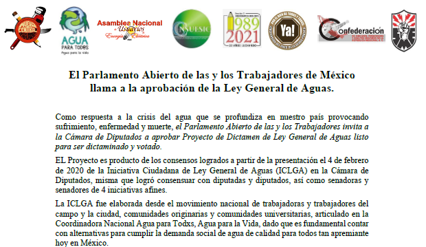 El Parlamento Abierto de las y los Trabajadores de México llama a la aprobación de la Ley General de Aguas.