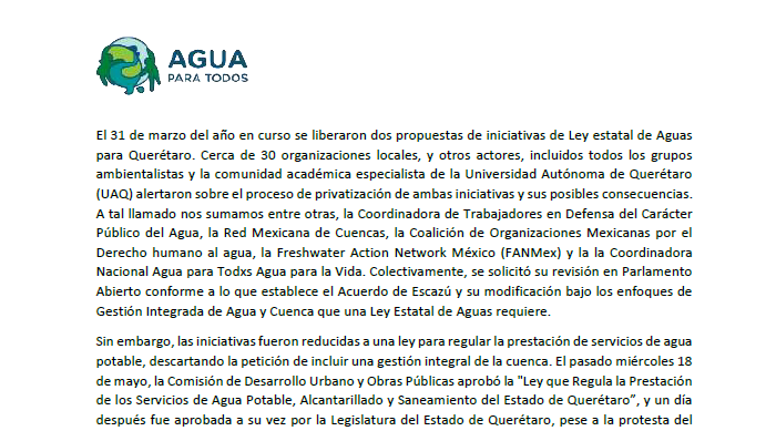 El 31 de marzo del año en curso se liberaron dos propuestas de iniciativas de Ley estatal de Aguas para Querétaro.