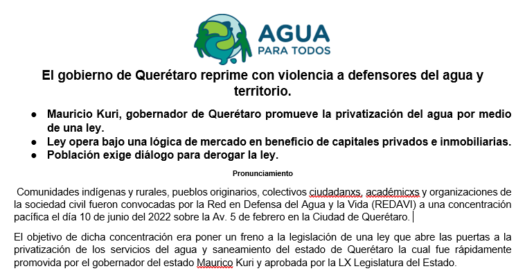 El gobierno de Querétaro reprime con violencia a defensores del agua y territorio